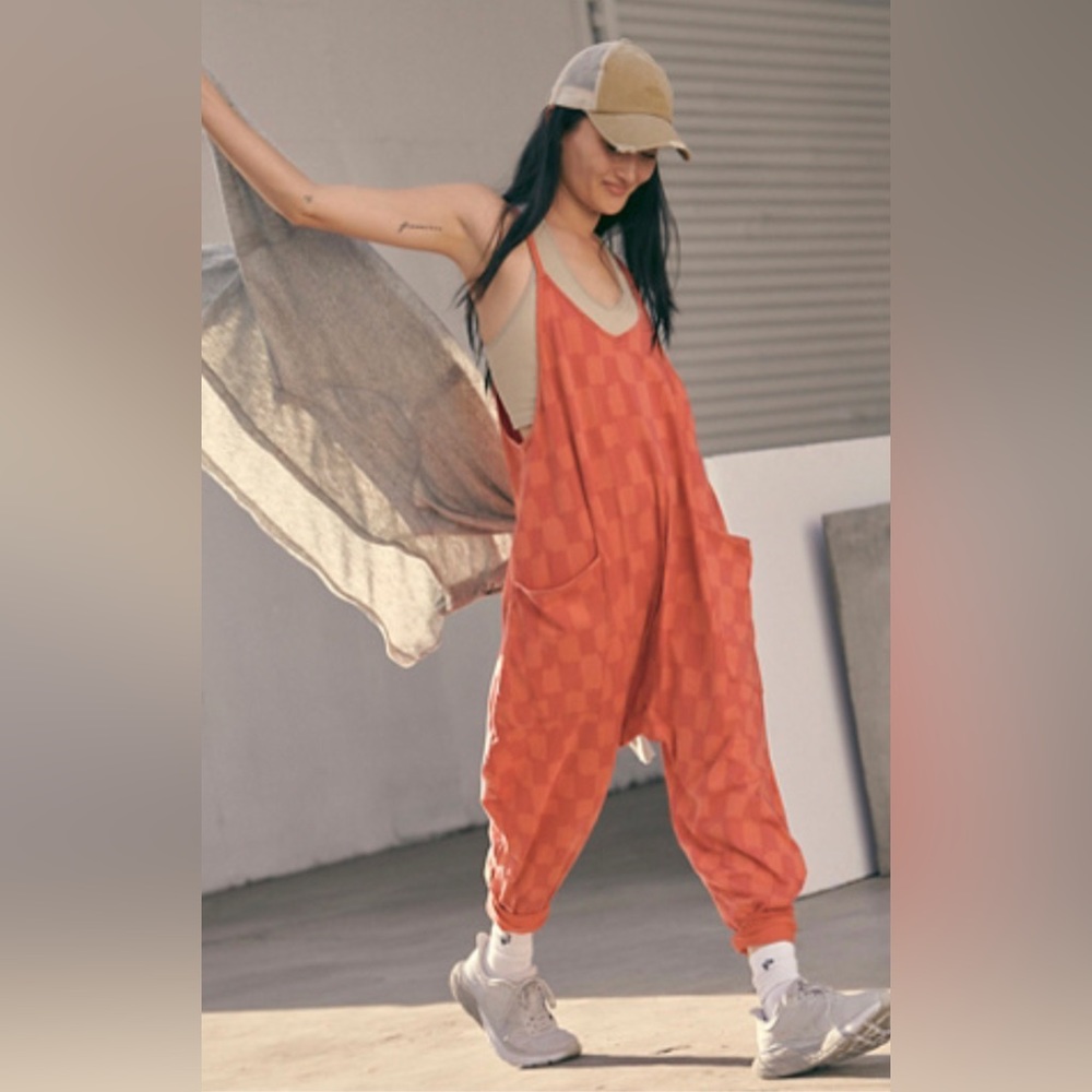 Free People Hot Shot Printed Onesie- red/orange checker